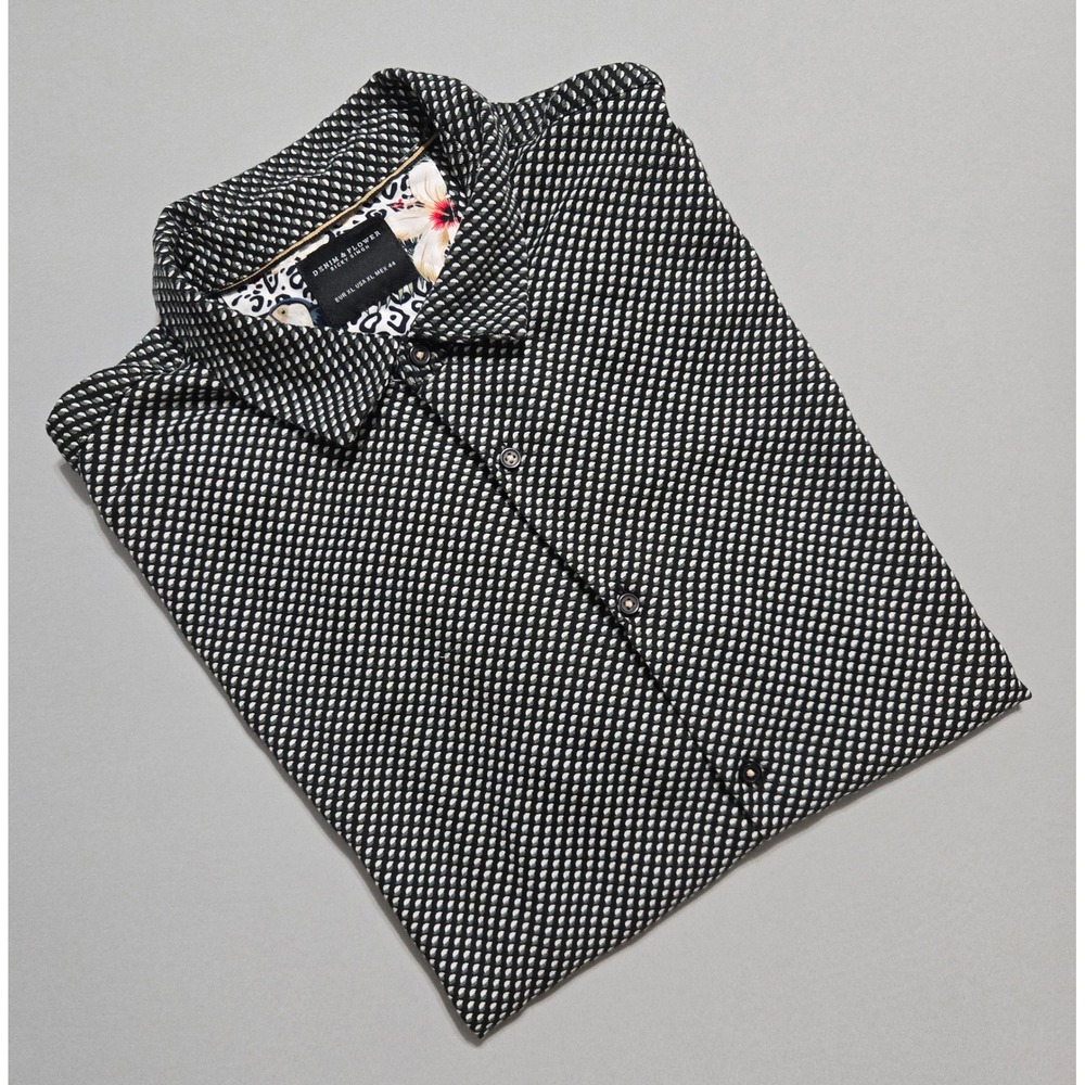 Denim & Flower Ricky Singh Shirt Mens XL Black White Geometric Button Up Viscose